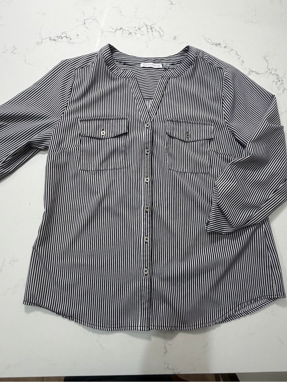 Notations Striped Roll Tab Sleeve Button Top M